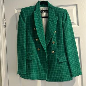 Zara Green Double-Breasted Tweed Blazer